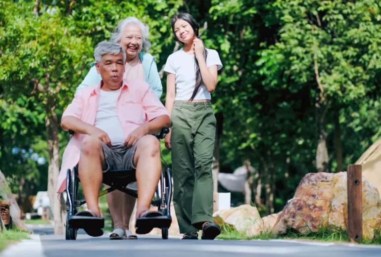 An old man is on the wheelchair.
